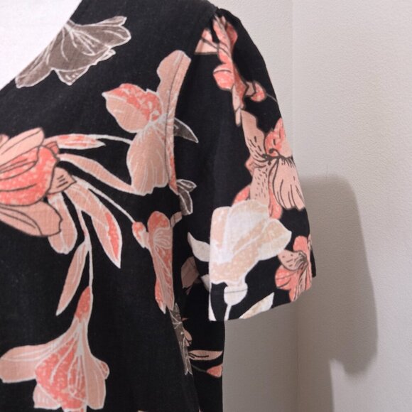 Nicole Miller Linen Blend Shift Short Sleeve Black Floral Dress - Large - Picture 5 of 9